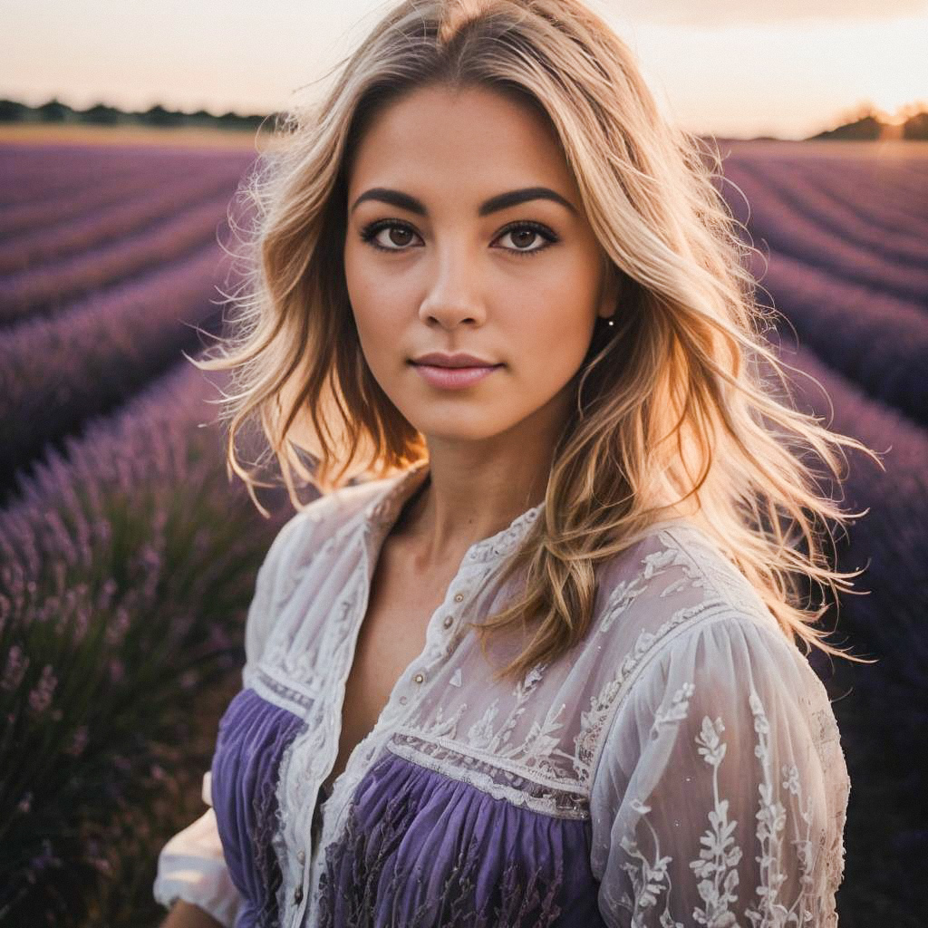 Young Woman in Lavender Field at Golden Hour Young Woman in Lavender Field at Golden Hour