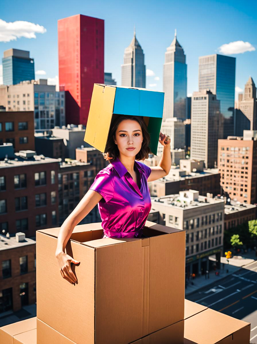 Woman in Box with Colorful Cube in City