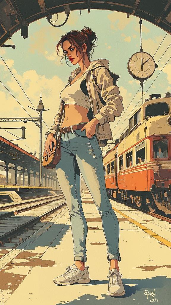 Stylish Young Woman on Train Platform Digital Illustration