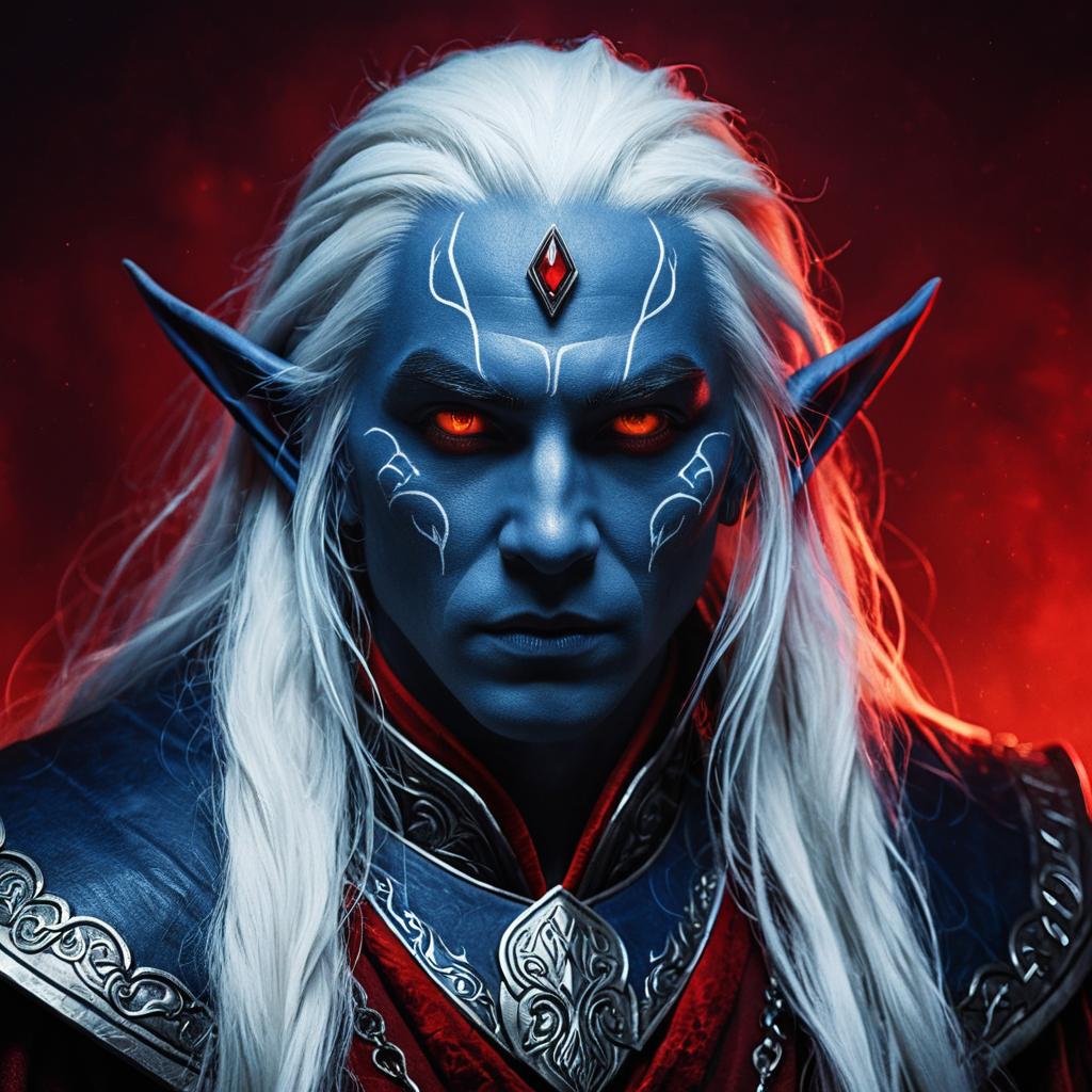 Dark Elf Man with Blue Skin and Glowing Eyes in Fantasy Armor