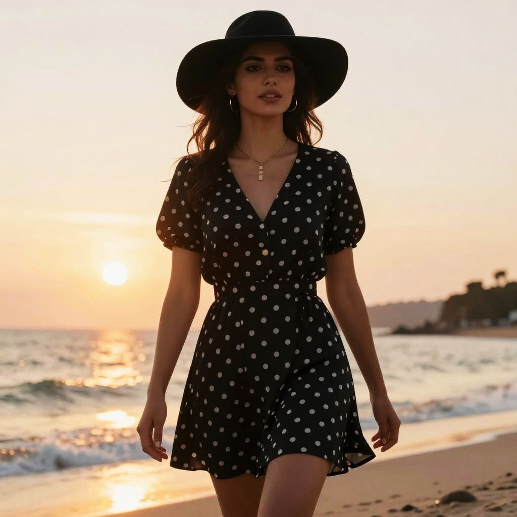 Willowy Woman in Black Polka Dot Mini Skater Dress on Beach at Sunset