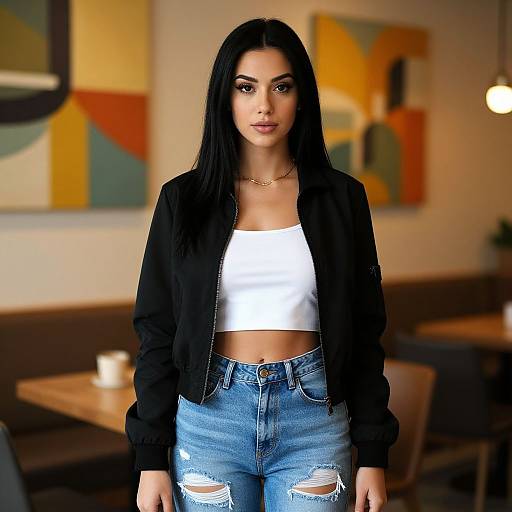 Fashionable Woman in Casual Outfit with Abstract Art Background