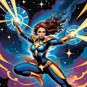Powerful Woman in Futuristic Armor Soaring Through Cosmic Space