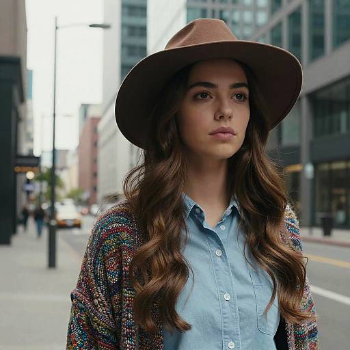 Young Woman Wearing Wide-Brimmed Hat and Colorful Cardigan on Urban Street