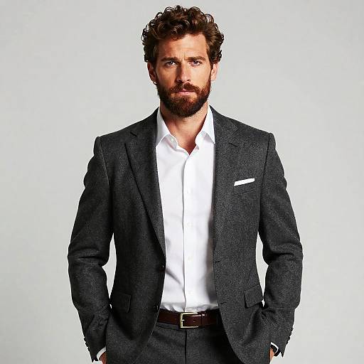 Man in Dark Grey Suit with White Shirt and Brown Belt