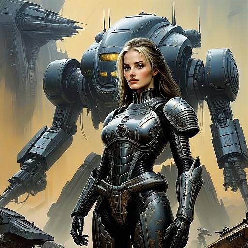 Futuristic Woman in Armor with Mech Robot Sci-Fi Digital Art