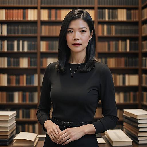 Confident Woman in Black Dress Standing in Elegant Library
