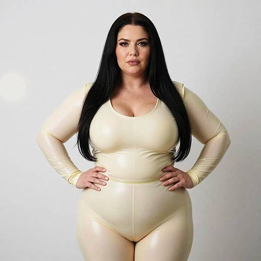 Confident Woman in Beige Latex Bodysuit Fashion Portrait