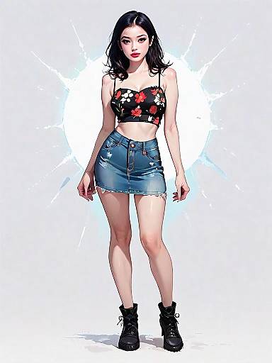 Realistic Comic Style Full Body Portrait of Woman in Floral Crop Top and Denim Mini Skirt