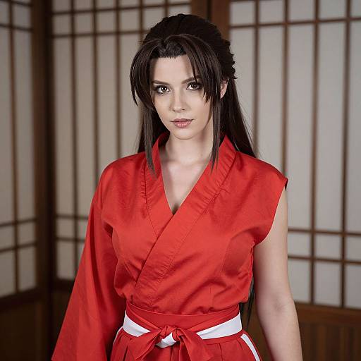 Woman in Red Martial Arts Gi with White Belt in Traditional Japanese Setting
