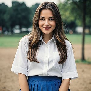Young Woman in White Shirt and Blue Skirt Smiling Outdoors
