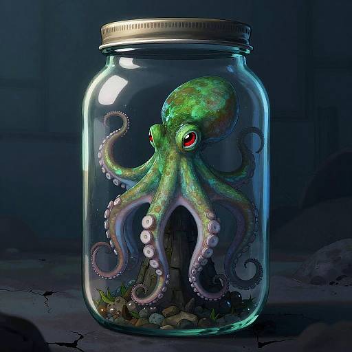 Digital Illustration of Green Octopus in Glass Jar Surreal Artwork
