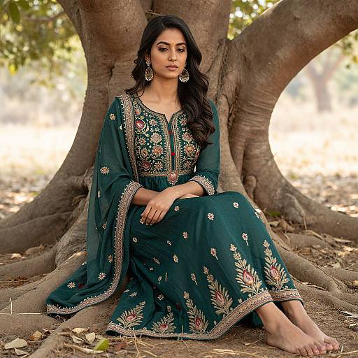 Woman in Traditional Embroidered Teal Green Ethnic Dress Sitting Outdoors