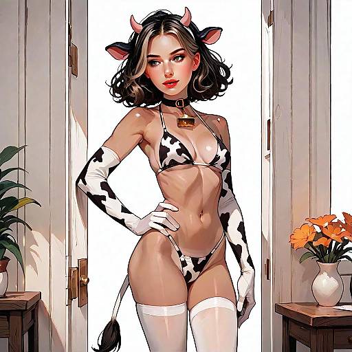 Anime Style Woman in Cow Print Bikini Digital Artwork