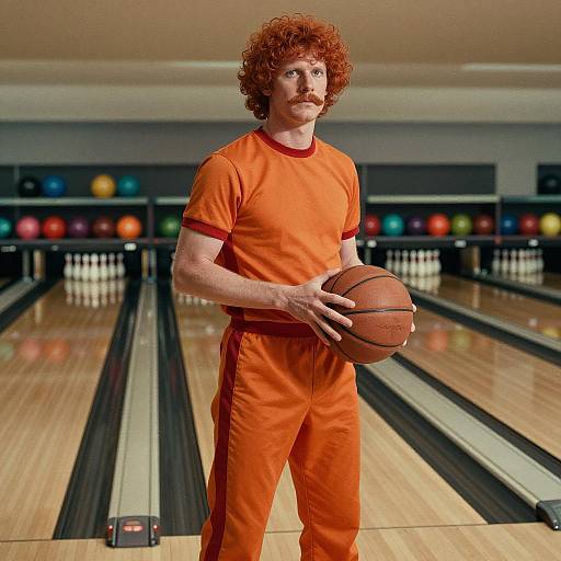 Retro Style Man Holding Basketball in Bowling Alley