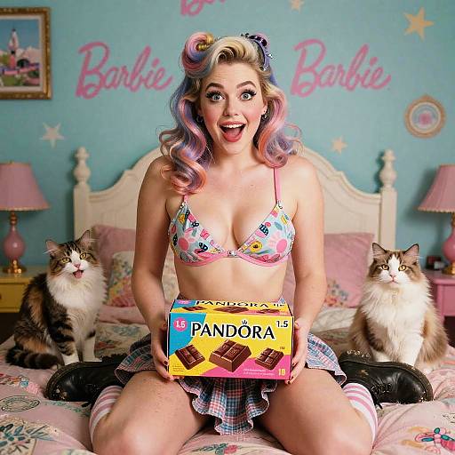 Cheerful Young Woman with Pastel Hair Holding Pandora Chocolates in Retro Barbie Room