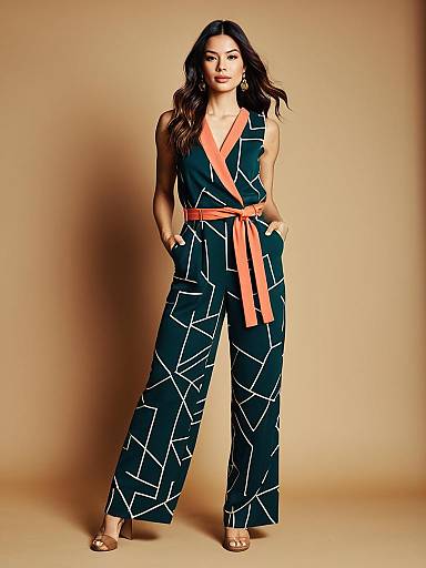 Modern Geometric Patterned Jumpsuit with Orange Accents on Woman