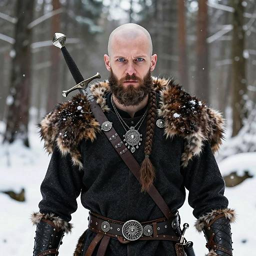 Fierce Viking Warrior in Snowy Forest with Sword and Fur Trimmed Armor
