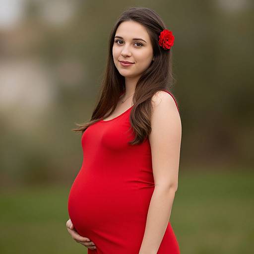 Pregnant Woman in Red Dress with Flower Outdoors