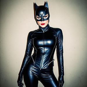 Woman in Black Leather Catwoman Costume with Bat-Eared Mask