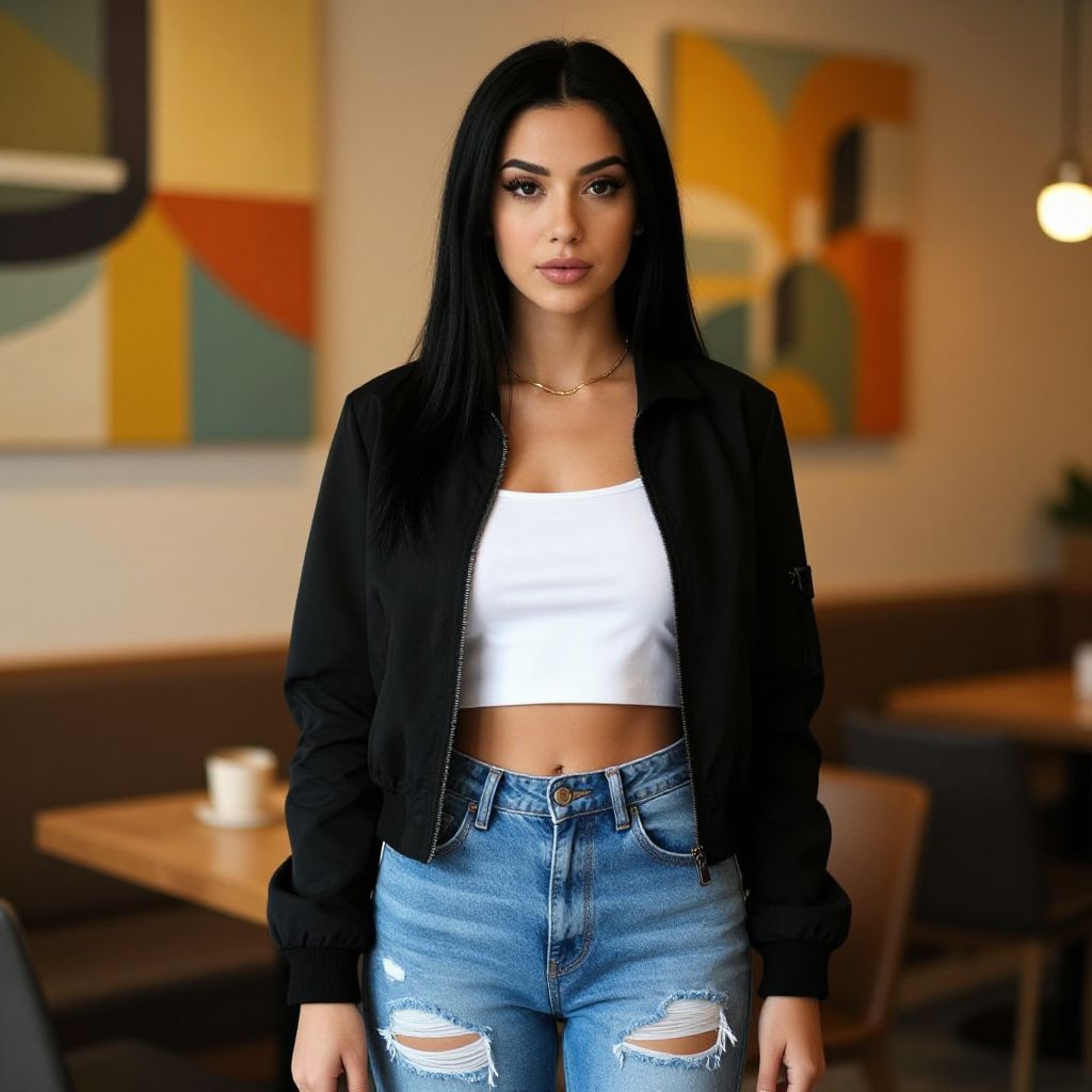 Fashionable Woman in Casual Outfit with Abstract Art Background