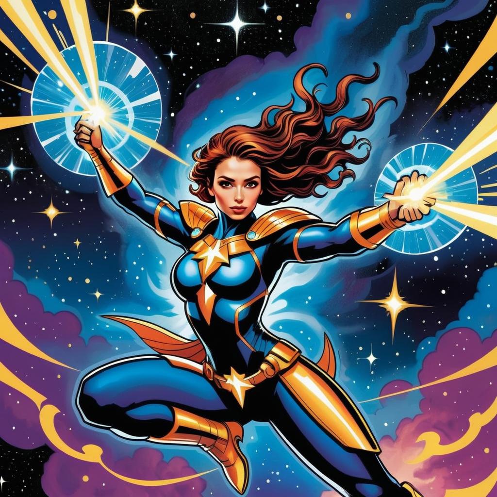 Powerful Woman in Futuristic Armor Soaring Through Cosmic Space Powerful Woman in Futuristic Armor Soaring Through Cosmic Space