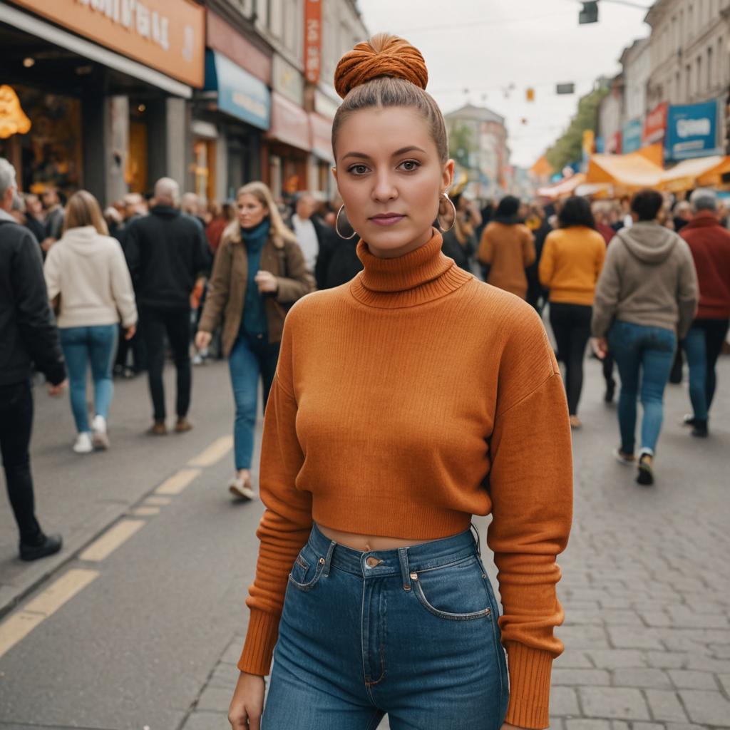 Confident Woman with Bun on Busy Street