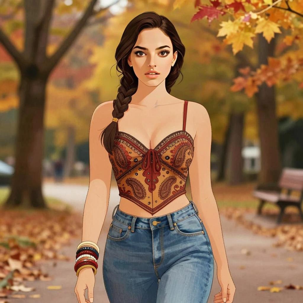 Bohemian Woman in Paisley Corset Top and Jeans in Autumn Park Illustration