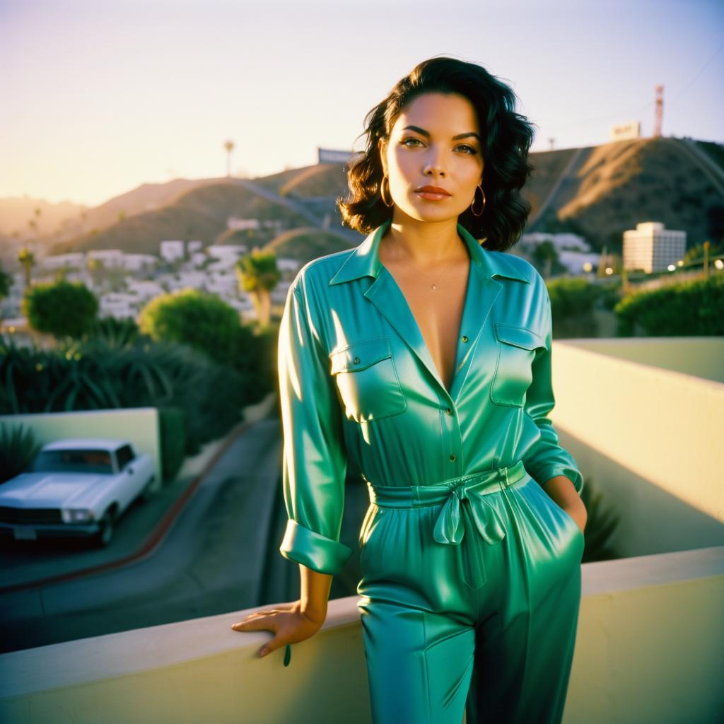 Woman in Turquoise Jumpsuit at Sunset