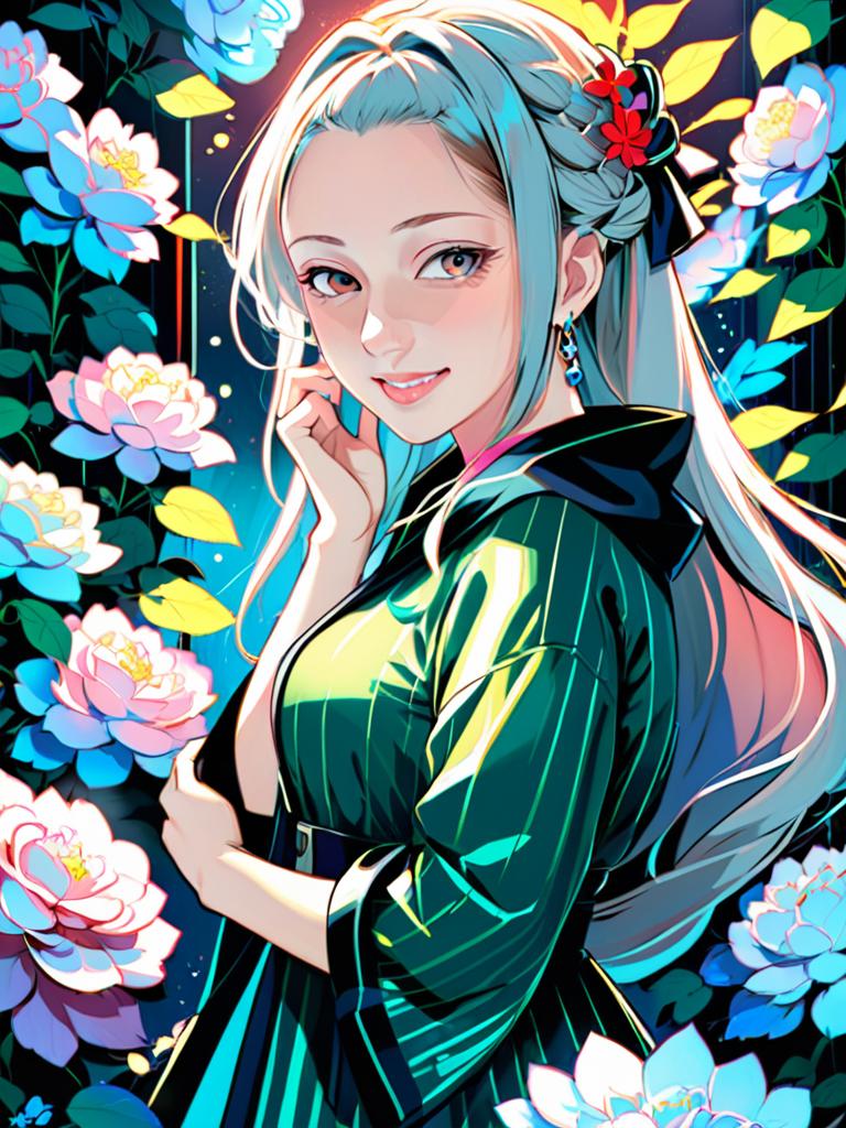 Vibrant Anime Character with Blue Hair and Luminous Flowers