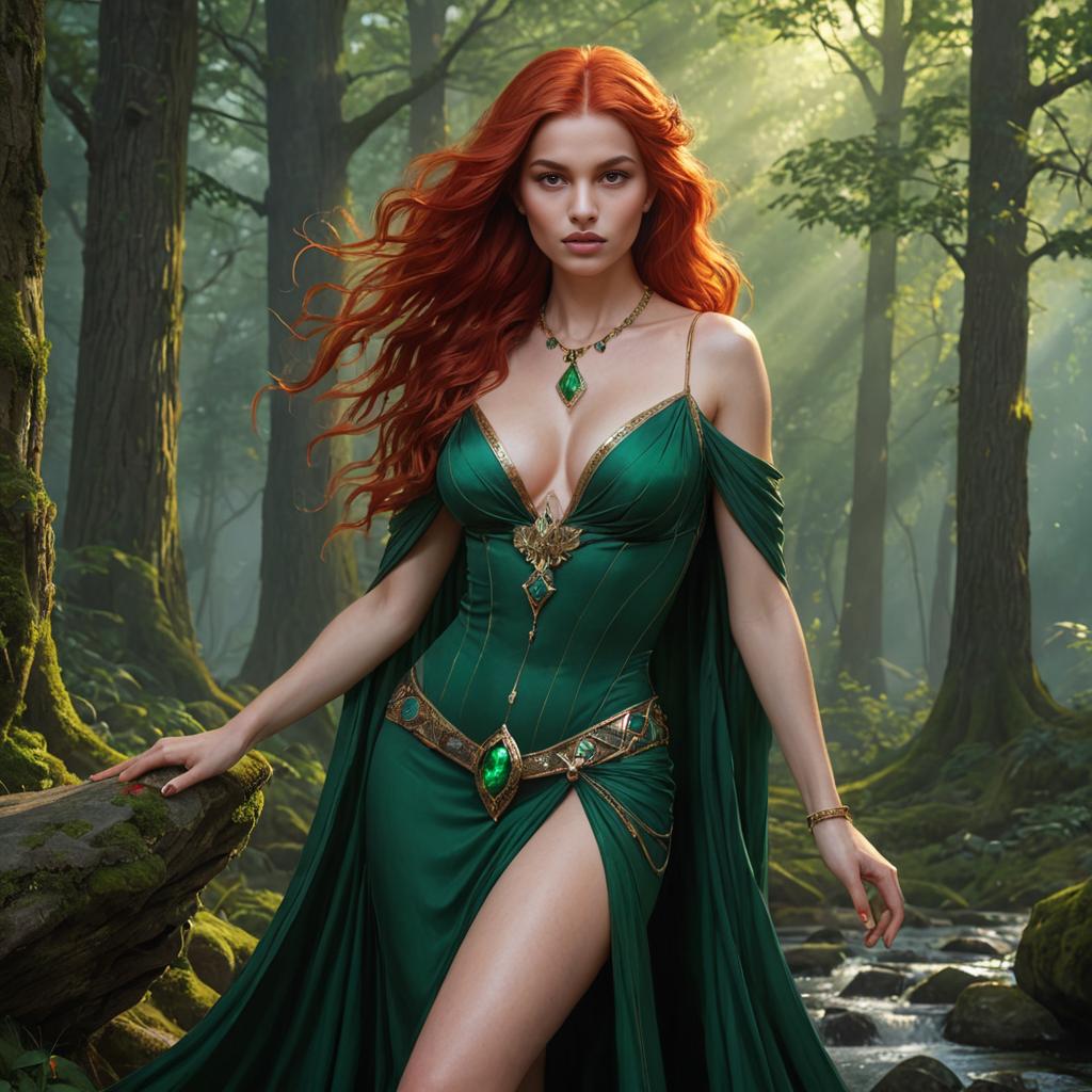 Seductive Woman in Emerald Gown in Enchanted Forest