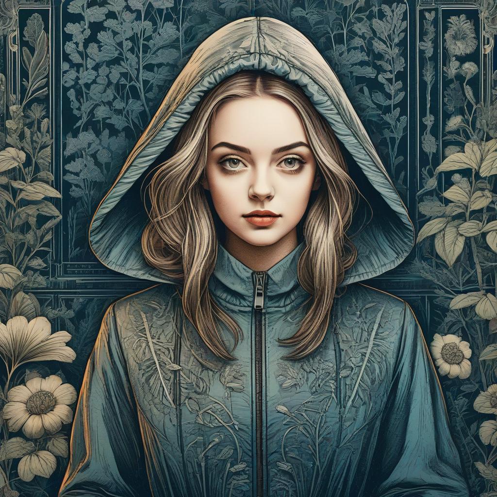 Young Woman in Hoodie with Floral Patterns