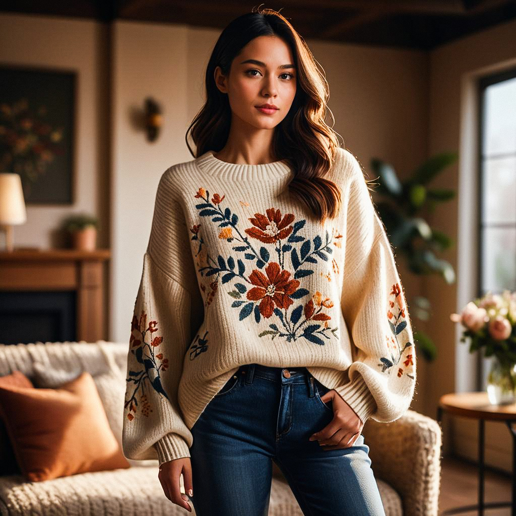Cozy Oversized Cream Sweater with Floral Embroidery Cozy Oversized Cream Sweater with Floral Embroidery
