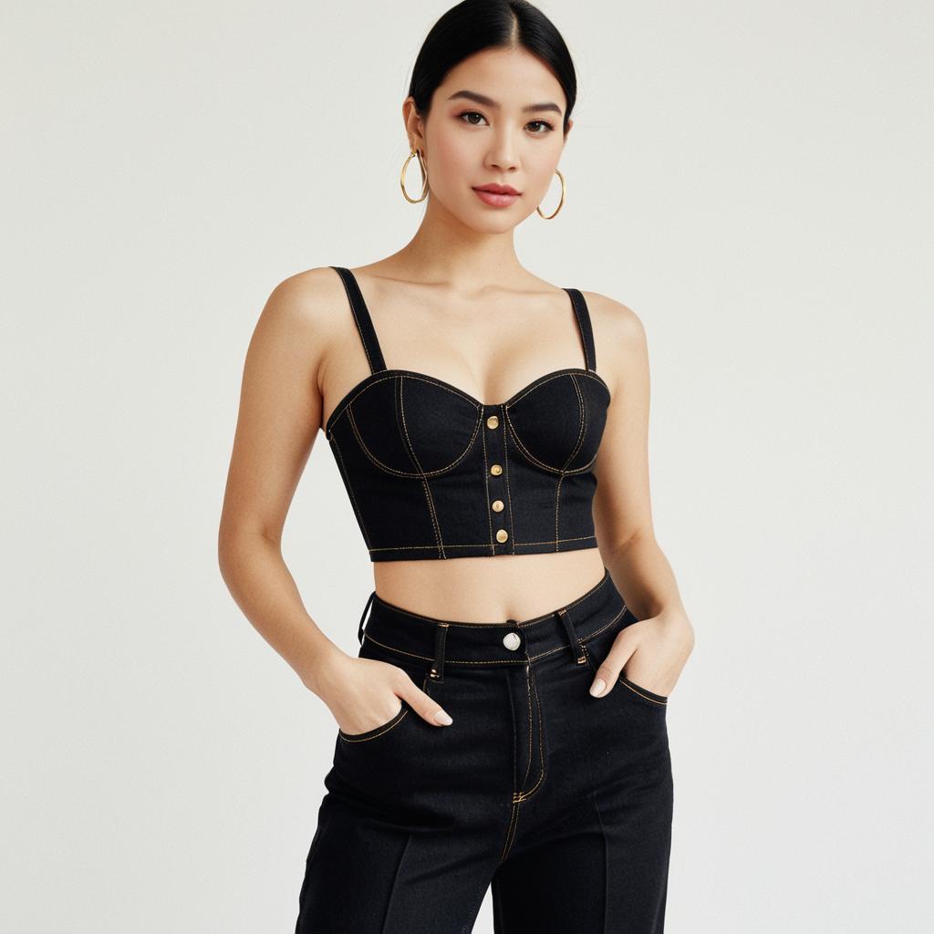 Modern Minimalist Black Denim Bustier Top with Sweetheart Neckline and High-Waisted Denim Pants