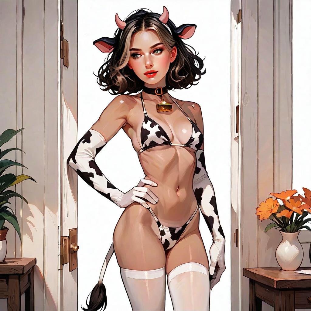 Anime Style Woman in Cow Print Bikini Digital Artwork