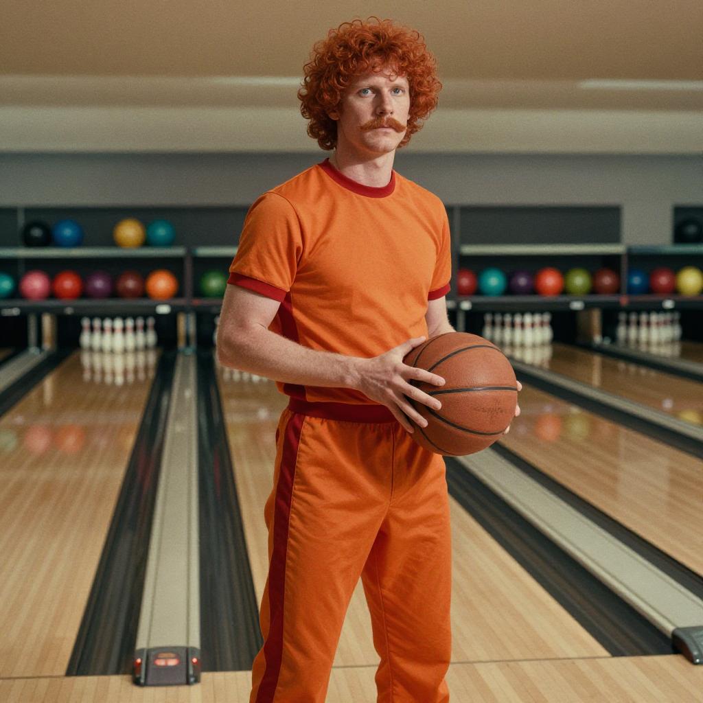 Retro Style Man Holding Basketball in Bowling Alley