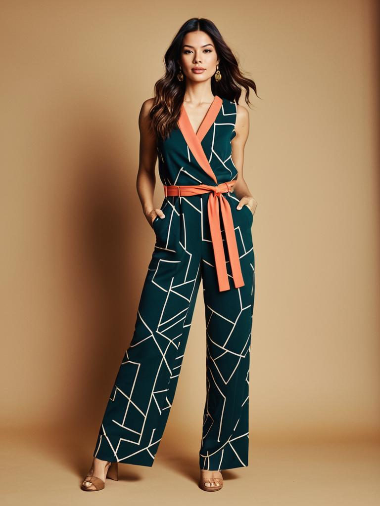 Modern Geometric Patterned Jumpsuit with Orange Accents on Woman