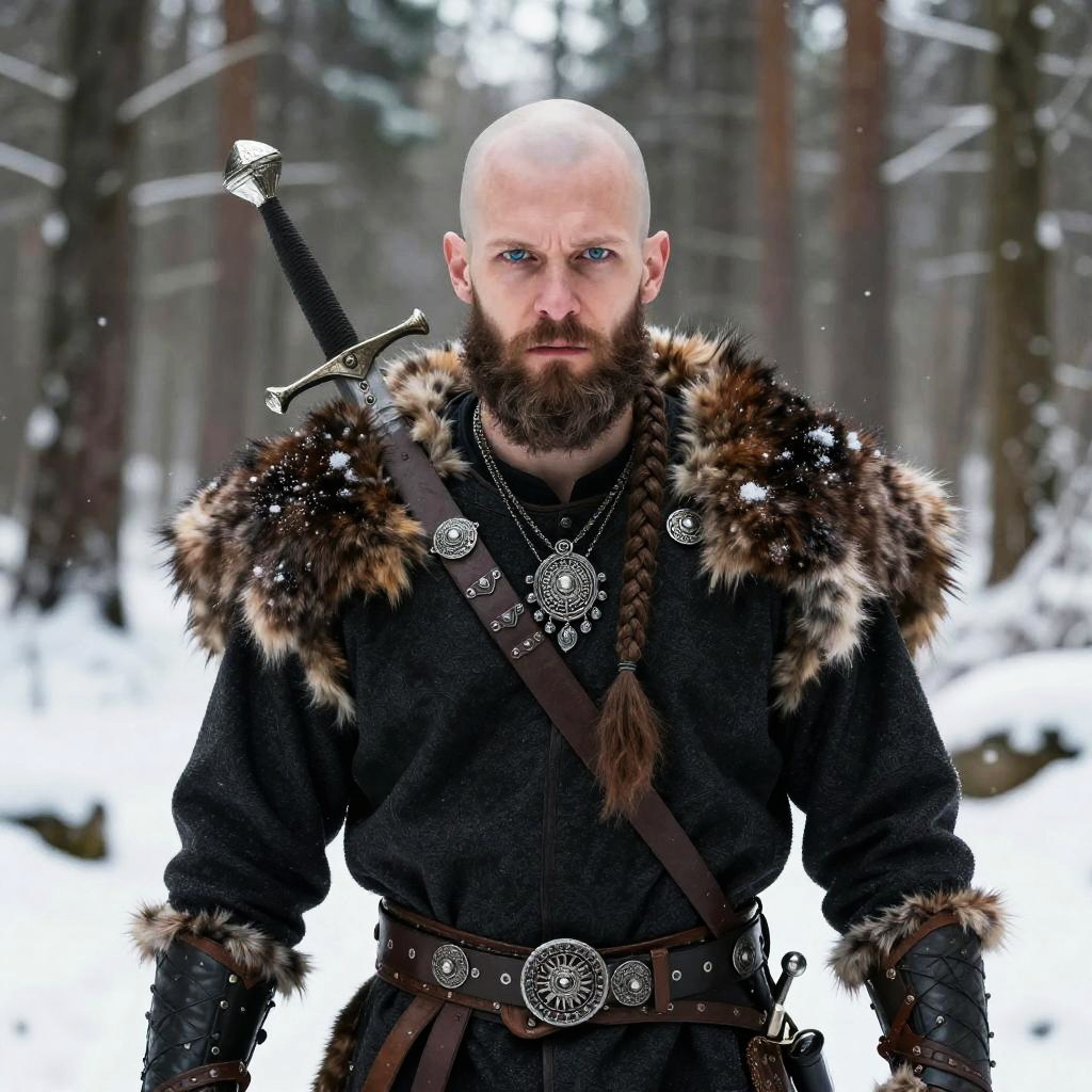 Fierce Viking Warrior in Snowy Forest with Sword and Fur Trimmed Armor