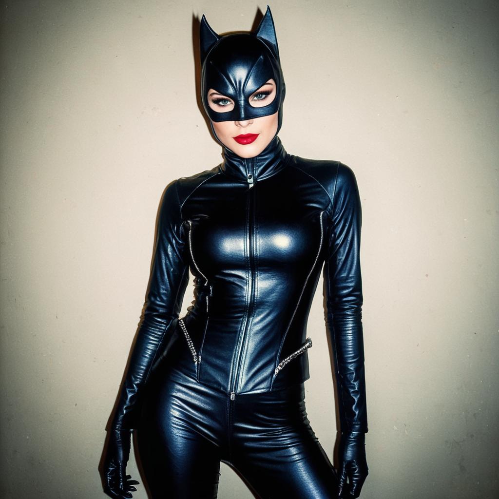 Woman in Black Leather Catwoman Costume with Bat-Eared Mask