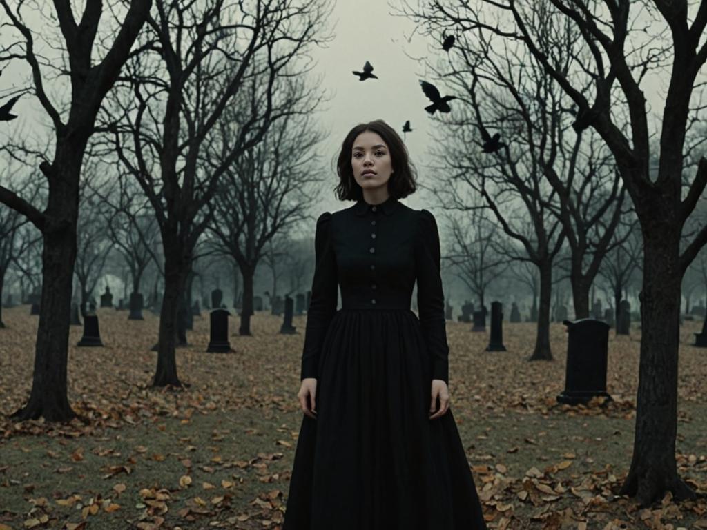 Somber Woman in Black Dress Crying in Barren Landscape