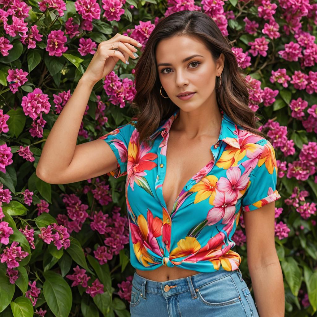 Confident Woman in Floral Shirt and Denim