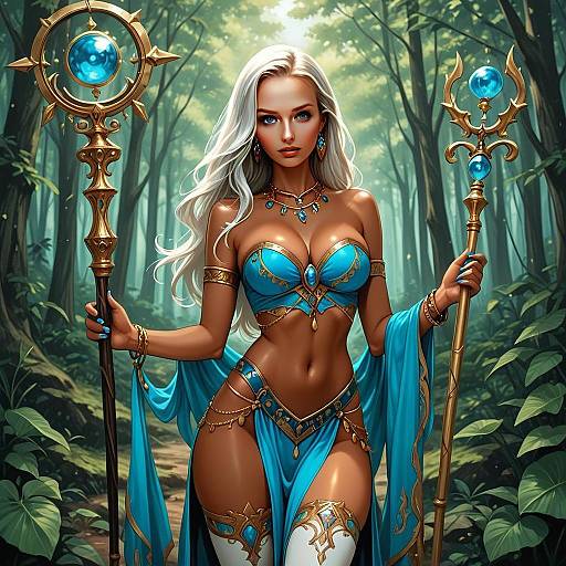Fantasy Sorceress in Blue and Gold Costume with Magical Staffs