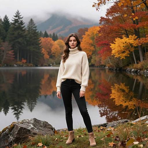 Young Woman in Cozy Sweater by Autumn Lake with Mountain View