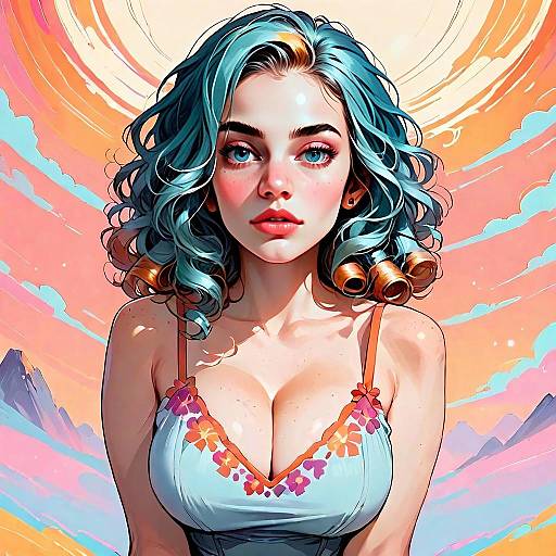 Digital Portrait of Woman with Blue Hair in Floral Dress Against Sunset Background