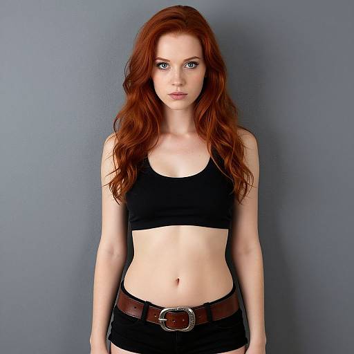 Confident Redhead Woman in Black Crop Top and Shorts Against Gray Wall