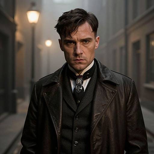 Serious Man in Leather Coat Standing on Vintage Street at Night