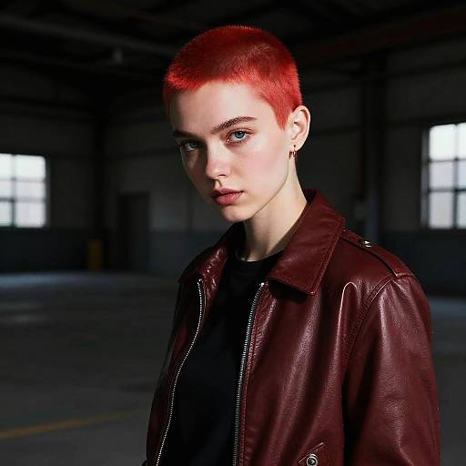 Edgy Young Woman with Bright Red Hair in Leather Jacket in Industrial Space