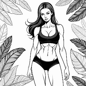 Black and White Illustration of Fit Woman with Tropical Leaves