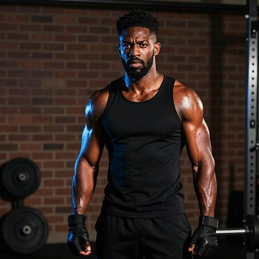 Muscular Man Intense Workout Session in Gym Black Tank Top