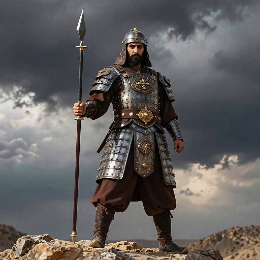 Ancient Warrior Man in Ornate Armor Holding Spear on Rocky Hill